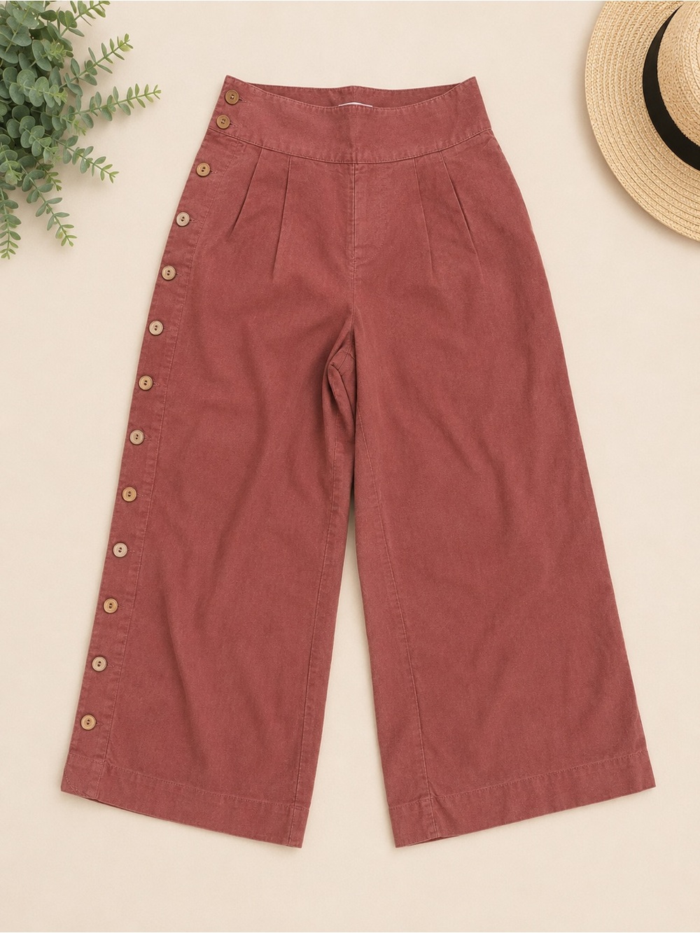 Anthropologie Wide-Leg Button-Trim Pants linen blend 24” inseam